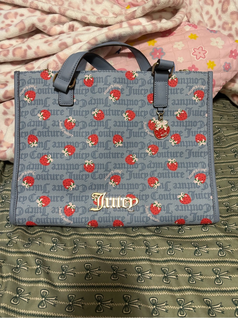 Juicy Couture Light Blue Strawberry Print Tote with Charm